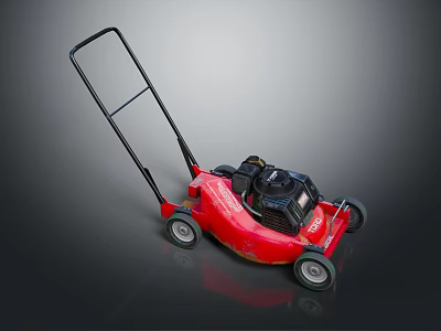 Red Push Type Lawn Mower With Black Handle And Engine For Garden Care 3d model