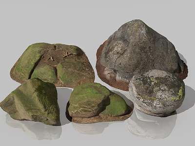Various Natural Stones With Green Moss And Wood Texture For Decorative Projects At Home 3d model