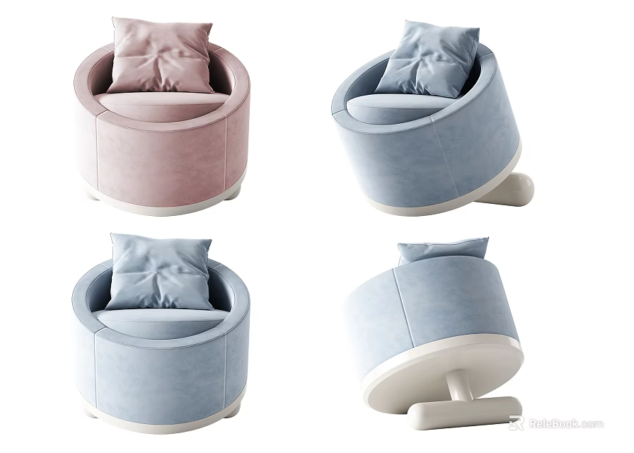 Round Velvet Single Sofa in Pink and Blue with Pillow and Swivel Base 3d model 