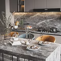 Modern Restaurant Kitchen Interior With Marble Island Counter Cabinets And Bar Stools 3d model