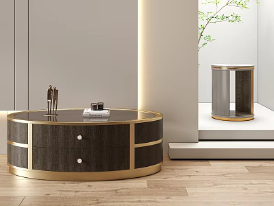 Modern Round Coffee Table With Dark Wooden Surface Gold Frame And Drawers In Living Interior 3d model