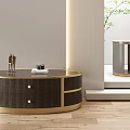 Modern Round Coffee Table With Dark Wooden Surface Gold Frame And Drawers In Living Interior