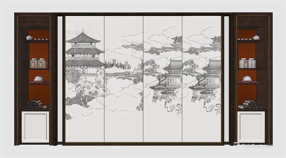 Chinese Style TV Background Wall With Screen Design Ancient Buildings Landscape And Cloud Patterns 3d model 