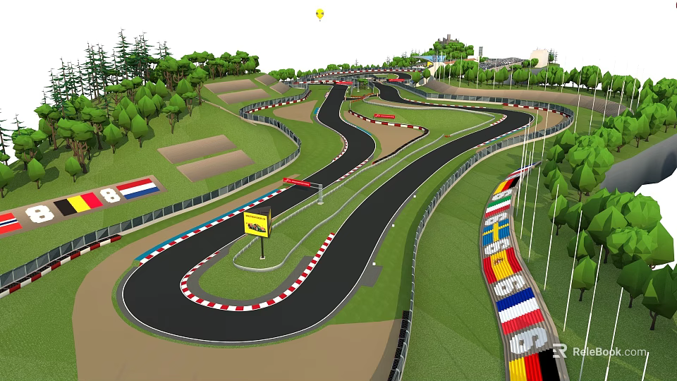 Scenic Curved Karting Track Featuring Green Trees Colorful Flags Fences And Yellow Sign 3d model 