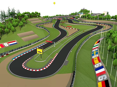 Scenic Curved Karting Track Featuring Green Trees Colorful Flags Fences And Yellow Sign 3d model