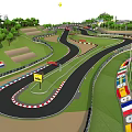 Scenic Curved Karting Track Featuring Green Trees Colorful Flags Fences And Yellow Sign