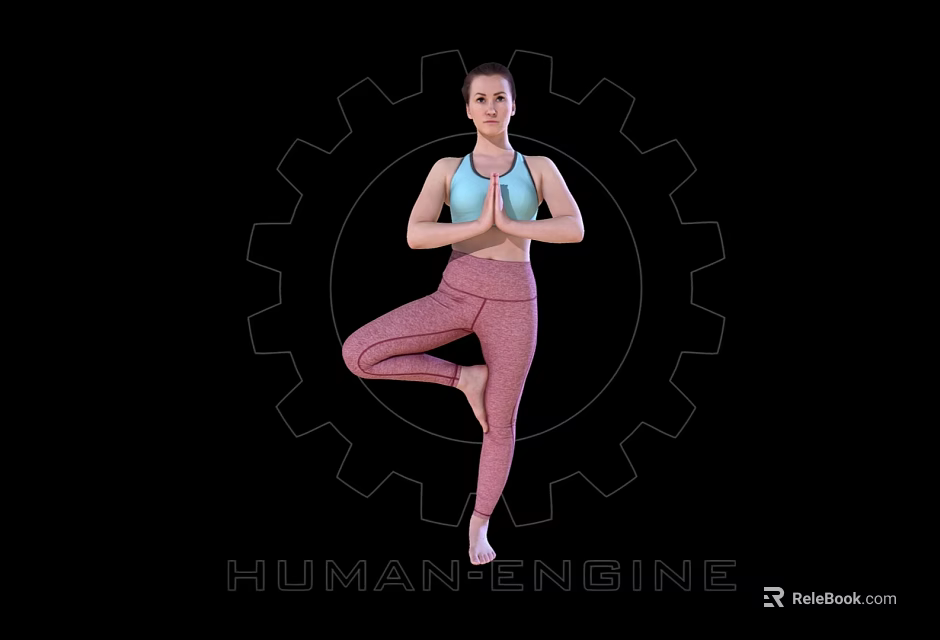 Woman Practicing Yoga Tree Pose With Gear Background And Human Engine 3d model 