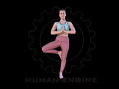 Woman Practicing Yoga Tree Pose With Gear Background And Human Engine 3d model