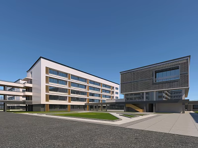 Modern School Building With Multi story Design White Dark Exterior Glass Windows And Courtyard Lawn 3d model