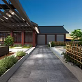 Chinese Style Garden Landscape With Stone Path Green Plants And Wooden Platform