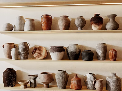 Rustic Ceramic Vessels With Various Shapes Earthy Tones And Textured Surfaces Displayed On Shelves 3d model