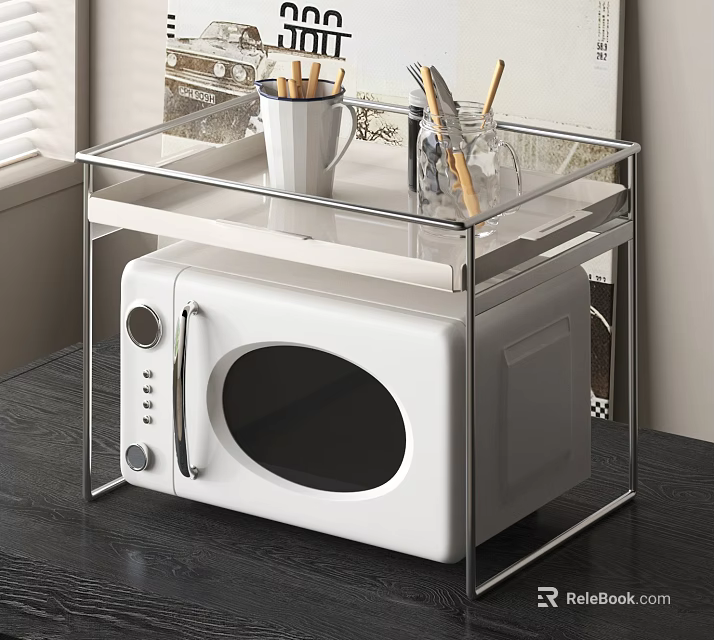 White Microwave Oven On Glass Shelf With Mug And Pen Holder In Kitchen 3d model 