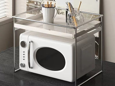 White Microwave Oven On Glass Shelf With Mug And Pen Holder In Kitchen 3d model