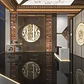 Chinese Style Lobby Interior With Wooden Elements Marble Counter And Decorative Patterns 3d model