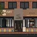 Modern Commercial Storefronts With Red Brick Walls Black Windows Coffee Shop And Art Studio