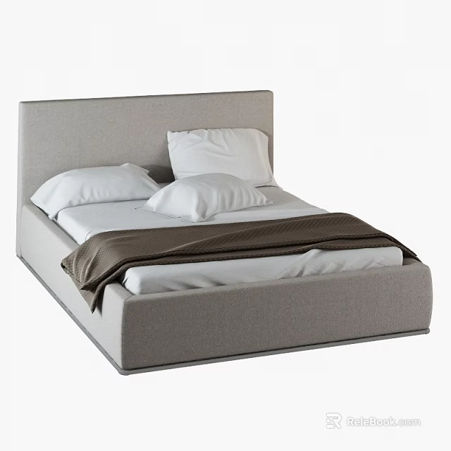 Modern Minimalist Double Bed With Gray Headboard White Pillows And Brown Blanket 3d model 