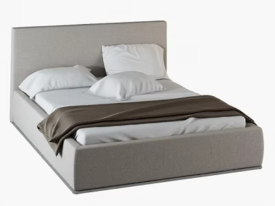 Modern Minimalist Double Bed With Gray Headboard White Pillows And Brown Blanket 3d model