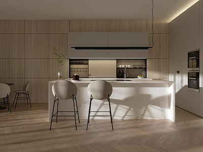 Modern Kitchen Interior Bar Counter With White Surface Grey Stools And Wooden Walls 3d model