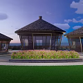 Coastal Thatched Roof Pavilions Surrounded By Lawn Flower Bed Blue Sky And Sea View