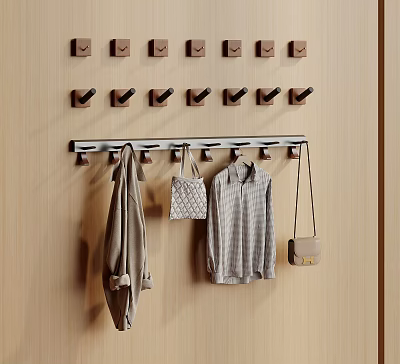 Wooden Wall Mounted Hook Rack With Hanging Coat Shirt And Handbags 3d model