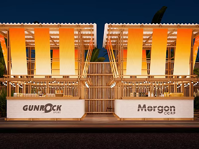 Commercial Outdoor Seating Areas With GUNROCK Morgan Signage Wooden Structures And Orange Nighttime Lighting 3d model