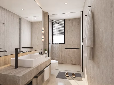 Modern Hotel Bathroom Interior Design With Glass Shower And Large Mirror 3d model