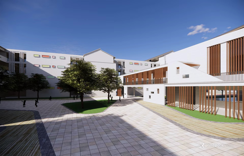 Modern School Building with White Exterior Courtyard Green Trees and Paved Ground 3d model 