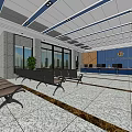 Front Desk Reception Area In Spacious Modern Lobby With Marble Flooring And Sofa Seating 3d model