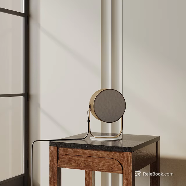 Modern Circular Table Lamp With Metal Stand On Wooden Cabinet Black Countertop 3d model 