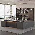 Modern Office Desk With Wooden Bookshelf Computer Monitor Green Plant And Black Office Chair