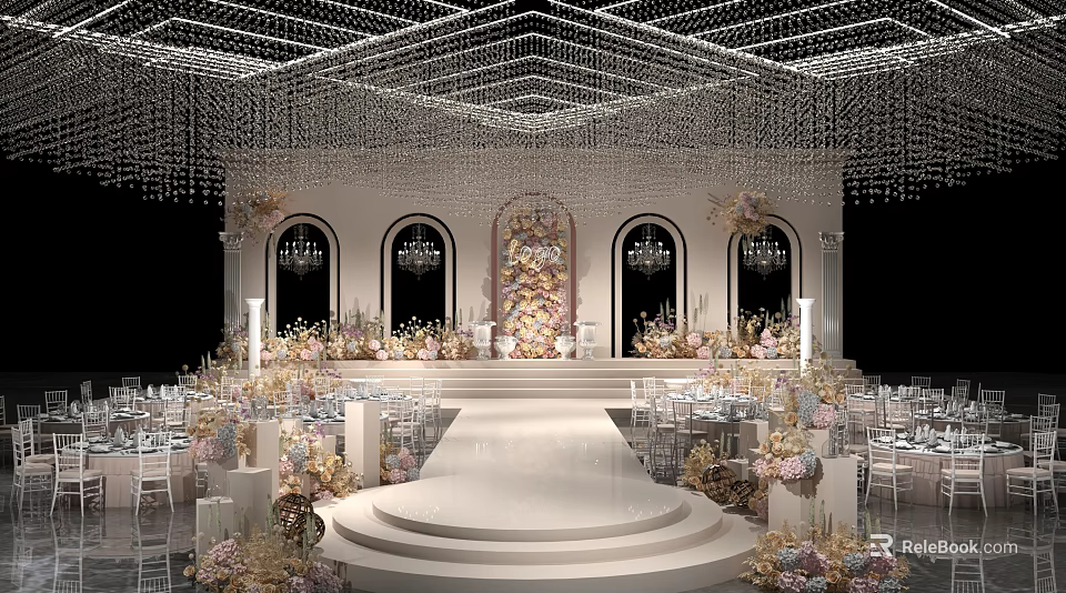 Luxurious Banquet Hall With Crystal Chandeliers Floral Stage Arched Windows And Elegant Decor 3d model 