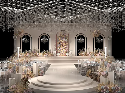 Luxurious Banquet Hall With Crystal Chandeliers Floral Stage Arched Windows And Elegant Decor 3d model