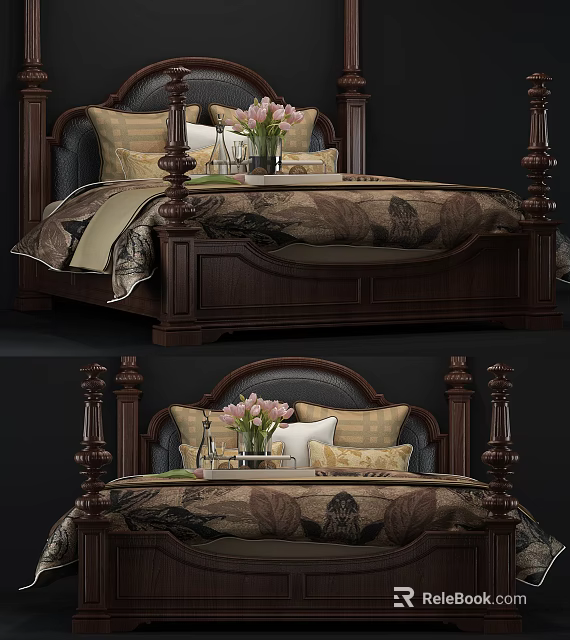 Classic Wooden Four Poster Double Bed With Floral Bedspread Pillows And Flower Vase 3d model 