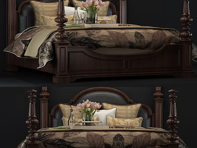 Classic Wooden Four Poster Double Bed With Floral Bedspread Pillows And Flower Vase 3d model