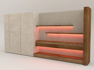 Modern Background Wall with Wood Panel Striped Design Built-in Shelves and Red Lighting 3d model
