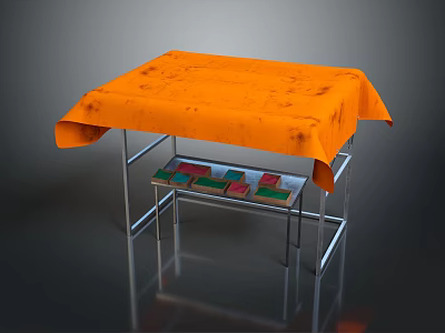 Sturdy Table With Orange Tablecloth And Lower Metal Shelf Featuring Colorful Blocks 3d model