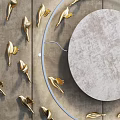 Modern Elegant Gray Wall Background with Golden Flying Birds and Circular Decorative Design