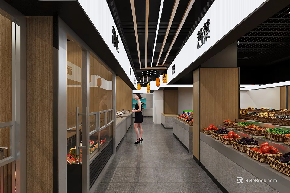 Supermarket Interior With Fruit Baskets Fresh Vegetables Refrigerated Cases And Shopper 3d model 
