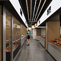Supermarket Interior With Fruit Baskets Fresh Vegetables Refrigerated Cases And Shopper