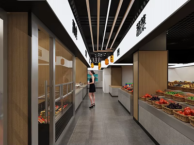 Supermarket Interior With Fruit Baskets Fresh Vegetables Refrigerated Cases And Shopper 3d model