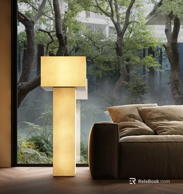 Golden Square Floor Lamp In Living Room With Sofa And Forest Window View 3d model 