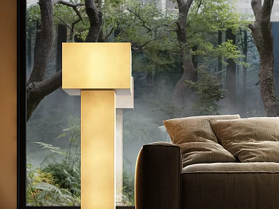 Golden Square Floor Lamp In Living Room With Sofa And Forest Window View 3d model