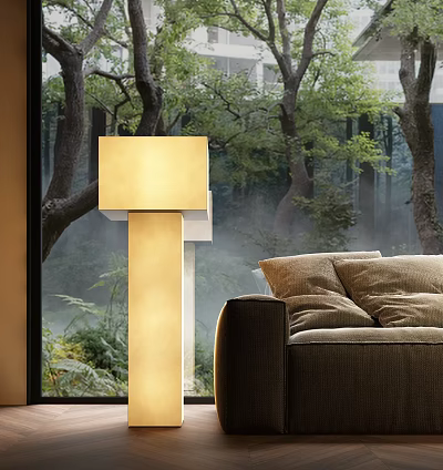 Golden Square Floor Lamp In Living Room With Sofa And Forest Window View 3d model
