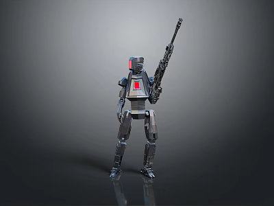 Mechanical Robot Character Standing With Rifle And Red Detail In Metallic Design 3d model