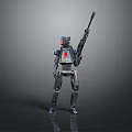 Mechanical Robot Character Standing With Rifle And Red Detail In Metallic Design