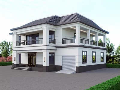 Two Story Detached Villa with Black Roof White Exterior Walls Balcony Garage and Green Plants 3d model