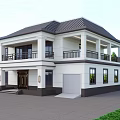 Two Story Detached Villa with Black Roof White Exterior Walls Balcony Garage and Green Plants