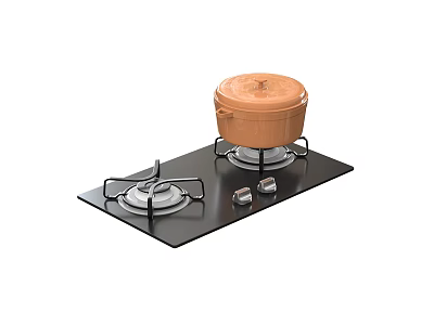 Kitchen Gas Stove With Black Surface Burners Control Knobs And Pot With Lid 3d model