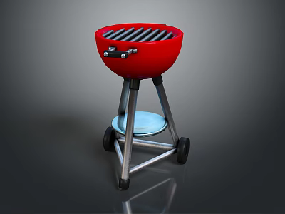 Red Round Barbecue Grill With Stand Wheels Grill Grate And Blue Tray 3d model