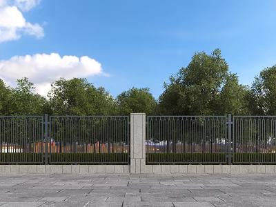 Building Exterior Wall With Black Iron Fence Stone Pillar Green Trees And Blue Sky 3d model